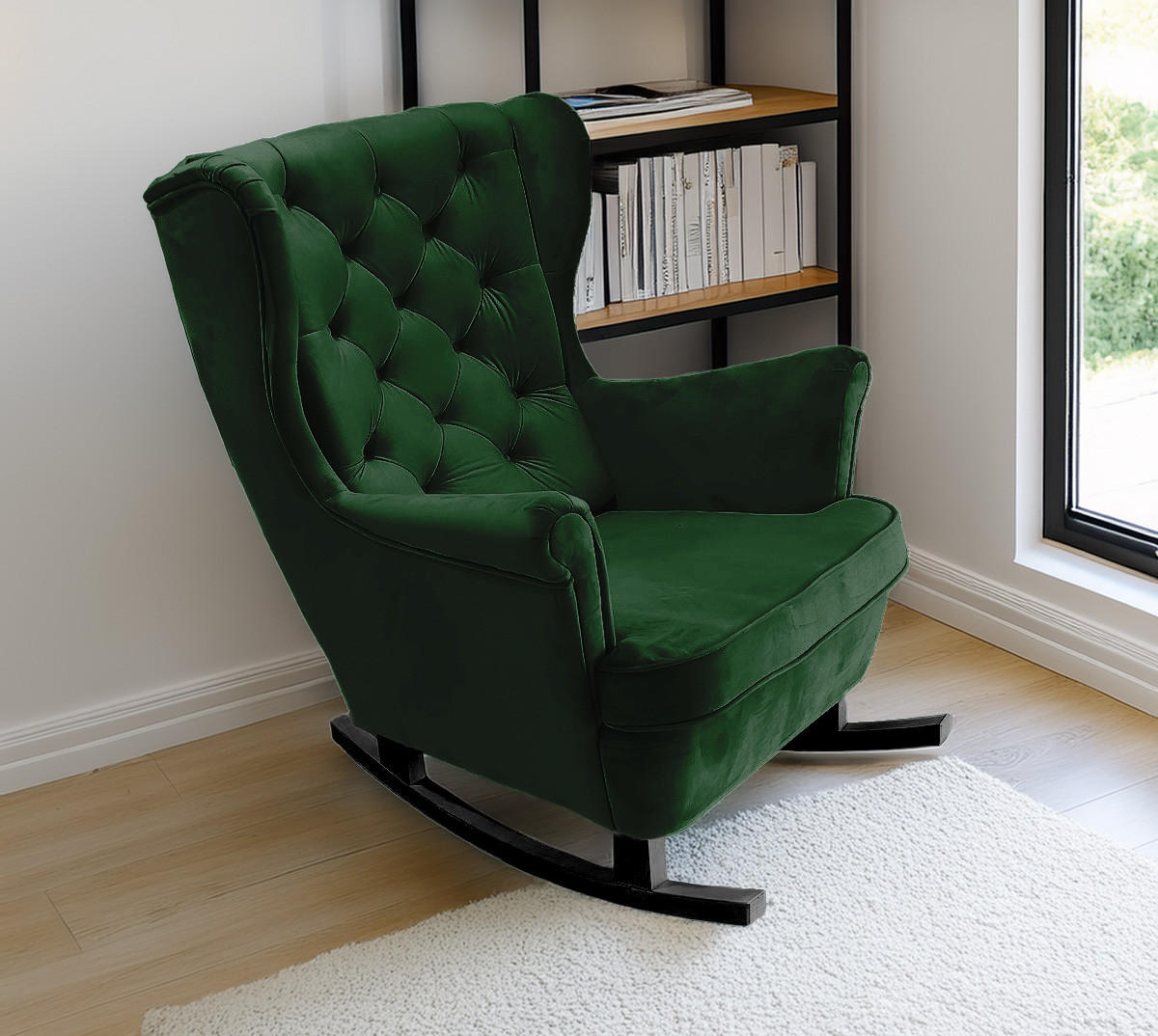 SCHAUKELSESSEL mit gepolstertem Sitz und Armlehnen, 102x81x95 cm, Grün_29847 - Dunkelgrün/Schwarz, Holz/Textil (81/102/95cm) - DomoHome