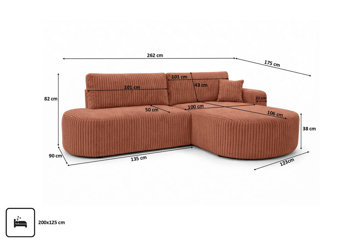 ECKSOFA Mit Schlaffunktion Und Bettkasten, Cordstoff Tilia, Kupfer, Rechts, ROUND ONE OPEN XL - Orange, Holz (262/175cm) - Kaiser Möbel