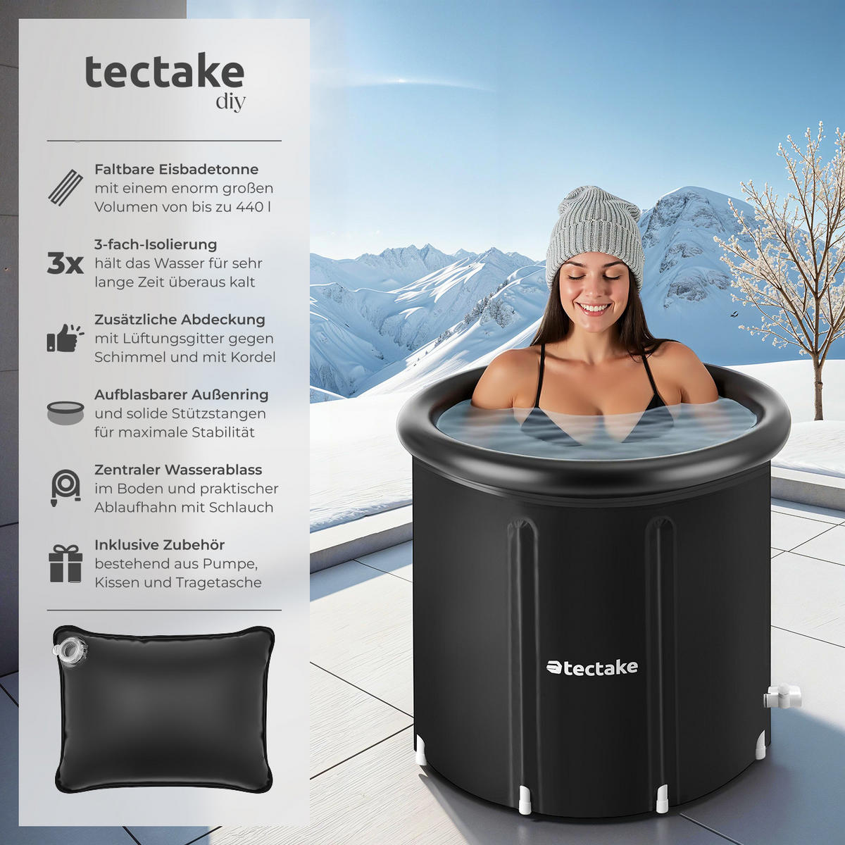 EISBADETONNE Helsinki,inkl. Tragetasche, Pumpe und Wasserkissen,schwarz - Schwarz, Kunststoff (90/75/90cm) - tectake