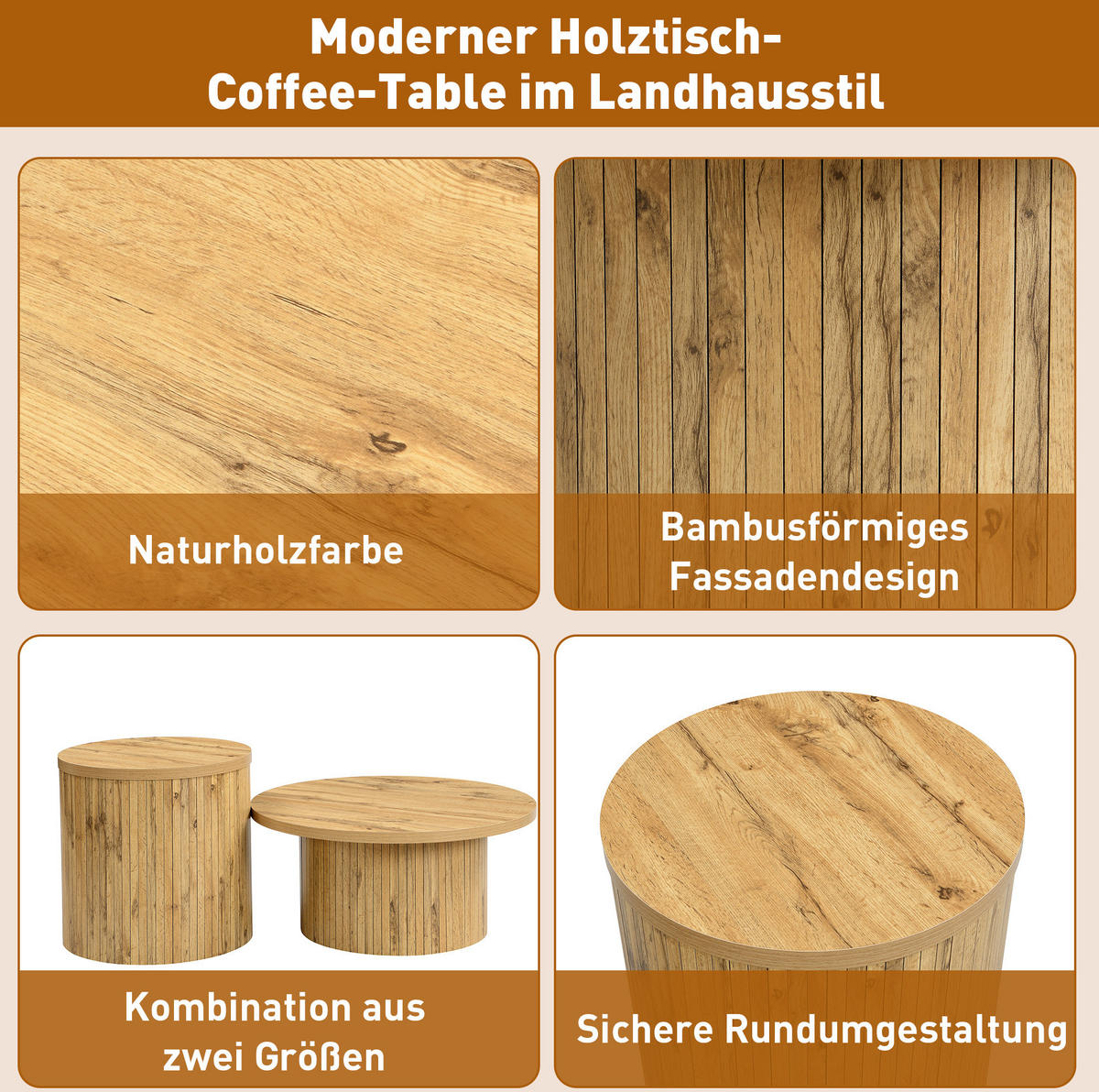 COUCHTISCH 75/75/36+50/50/50.5 cm natur aus MDF mit abgerundeten Ecken - Naturfarben, Holzwerkstoff (75/75/36cm) - OKMYHOME