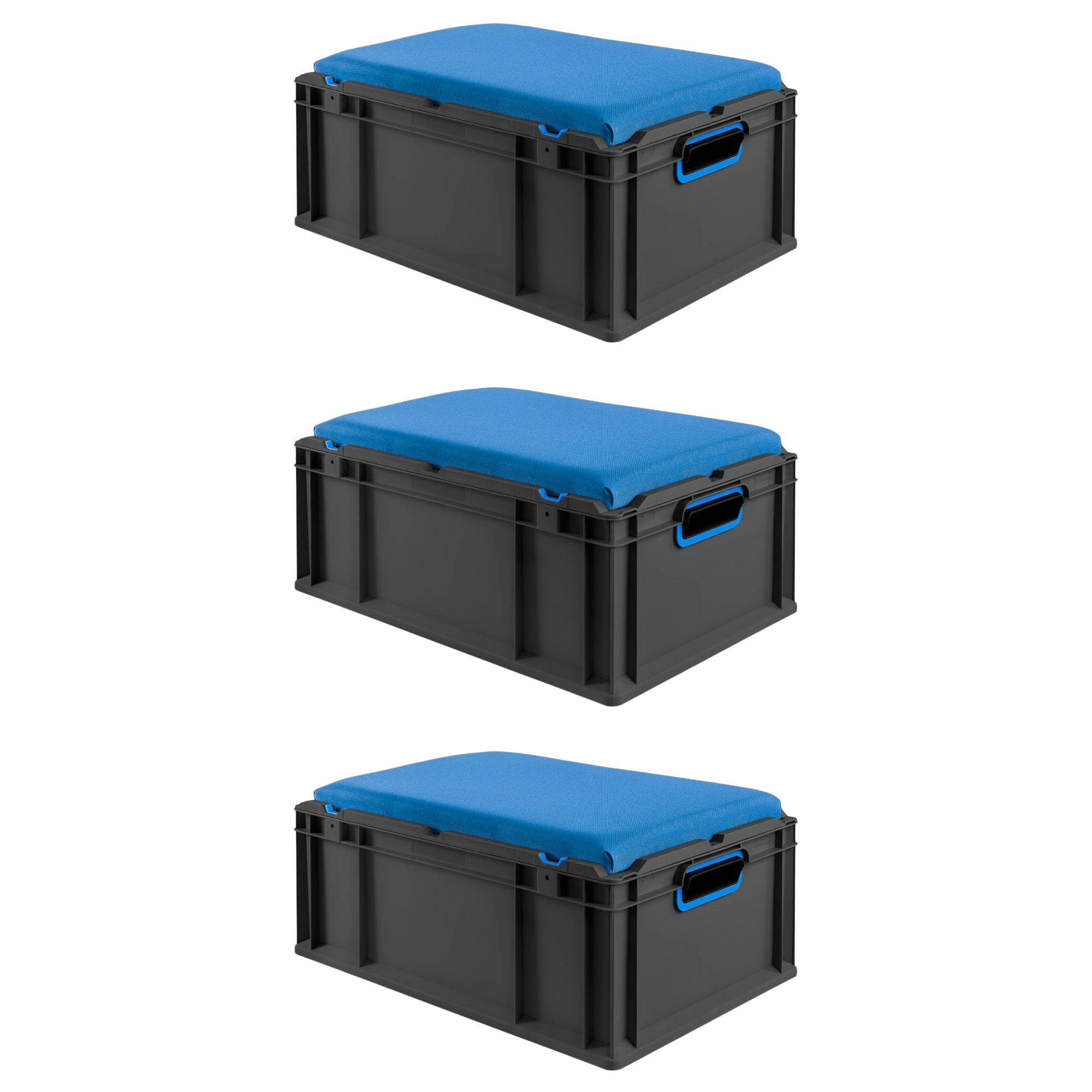 EUROBOX 3x NextGen Seat Blau, HxBxT 26,5x40x60cm, 44 Liter, Griffe offen, Schwarz - Schwarz, Kunststoff (40/26.5/60cm) - PROREGAL