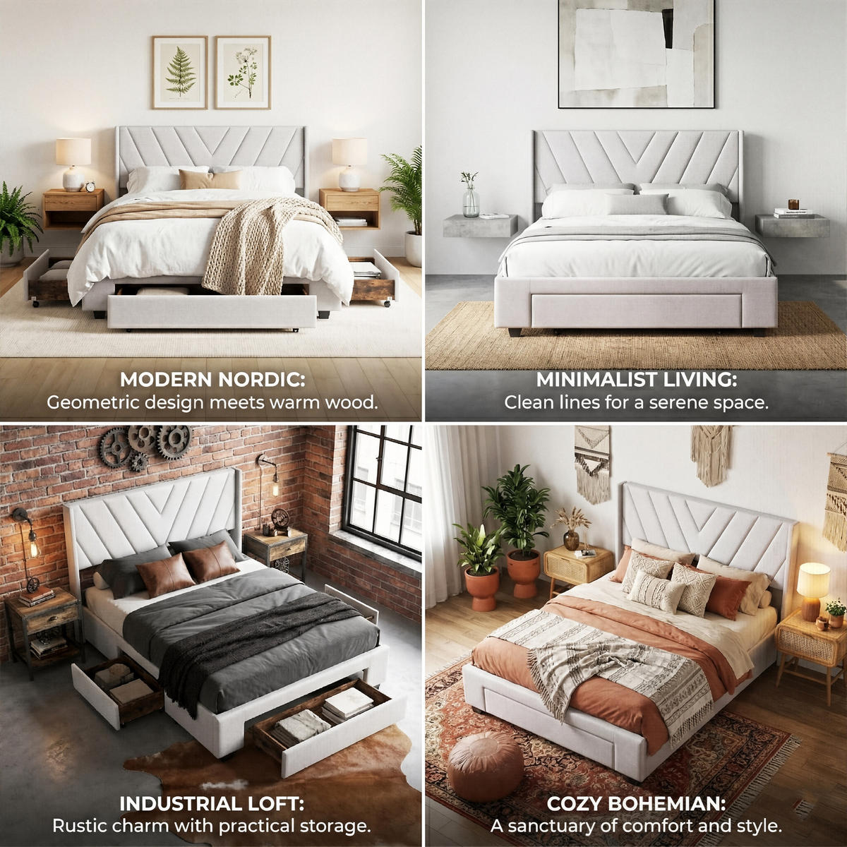 POLSTERBETT Geometrisch 140/200 cm mit 3 Schubladen Leinenoptik Beige - Beige, Textil (140/200cm) - Creahappy