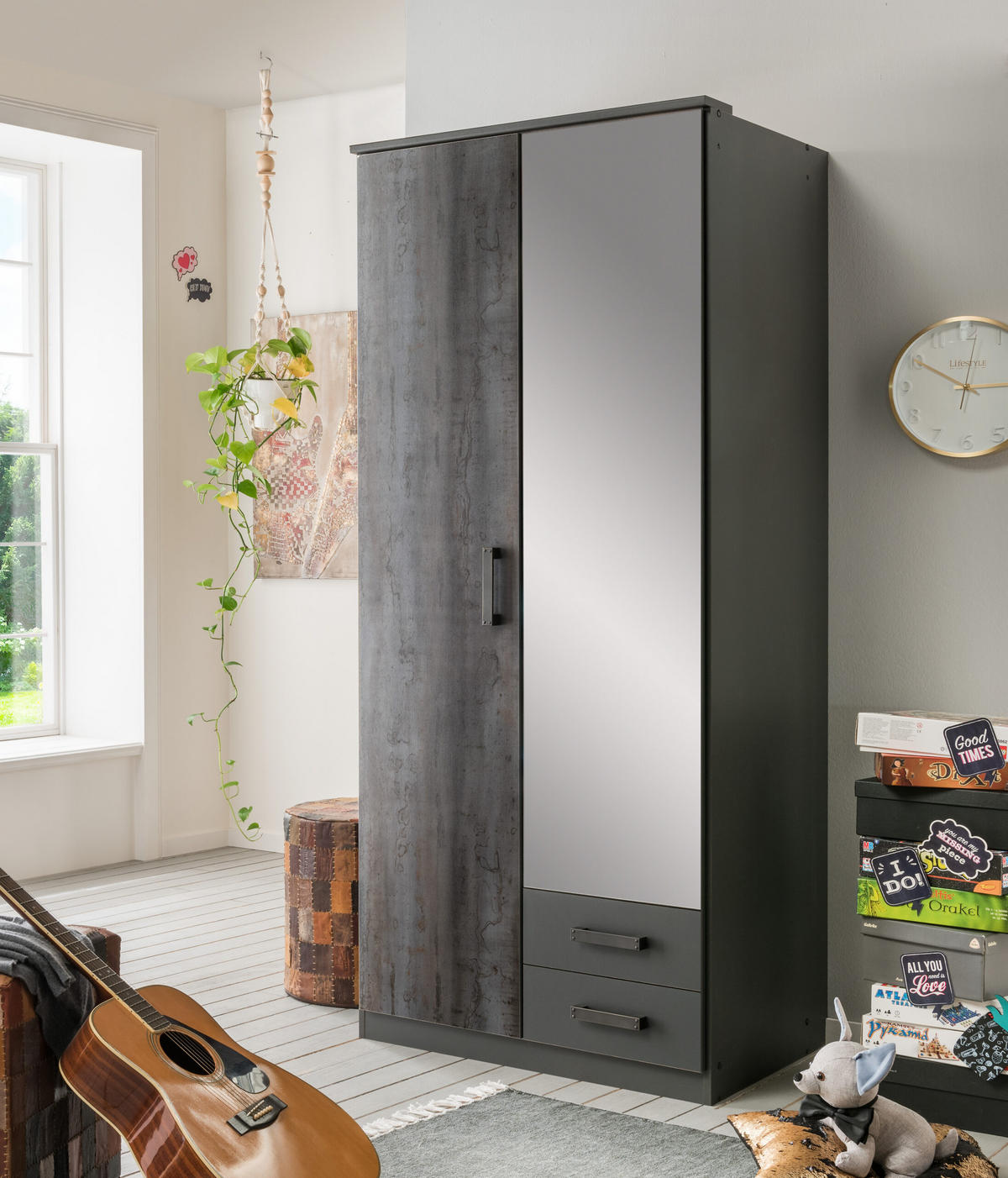 DREHTÜRENSCHRANK Duisburg in Grafit mit Digi-Steel-Optik 90x199x58 cm (BxHxT) – Kleiderschrank mit Spiegel 2 türig - Grau, Holzwerkstoff (80/200/120cm)