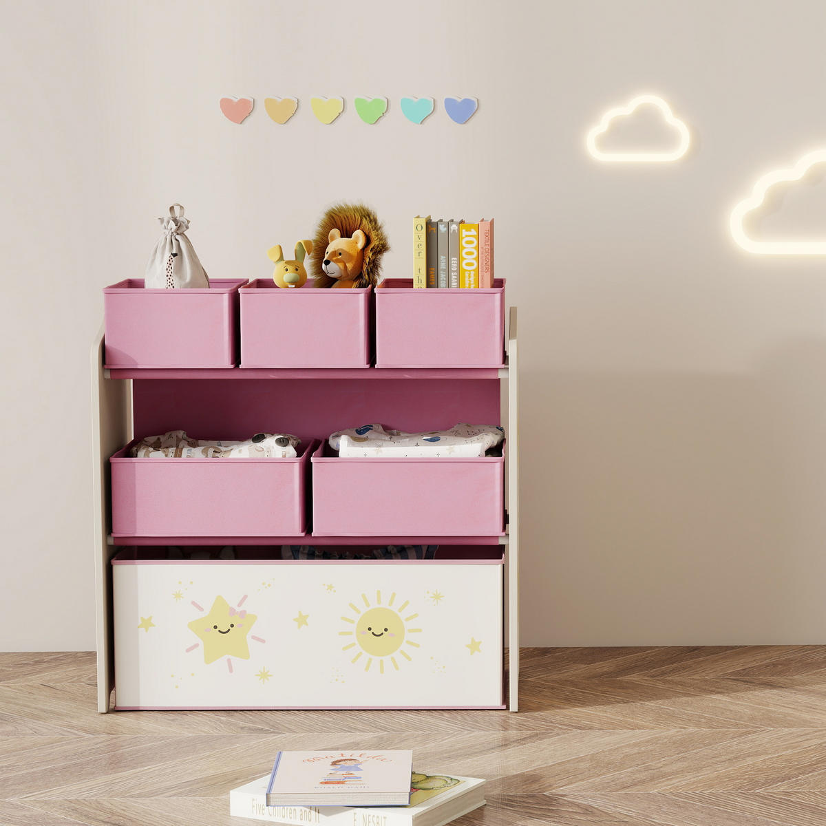 KINDERREGAL DE-17259 3 Ebenen & 6 herausnehmbare Stoffboxen Rosa - Pink, Holzwerkstoff (63/66/30cm) - ComfortXL