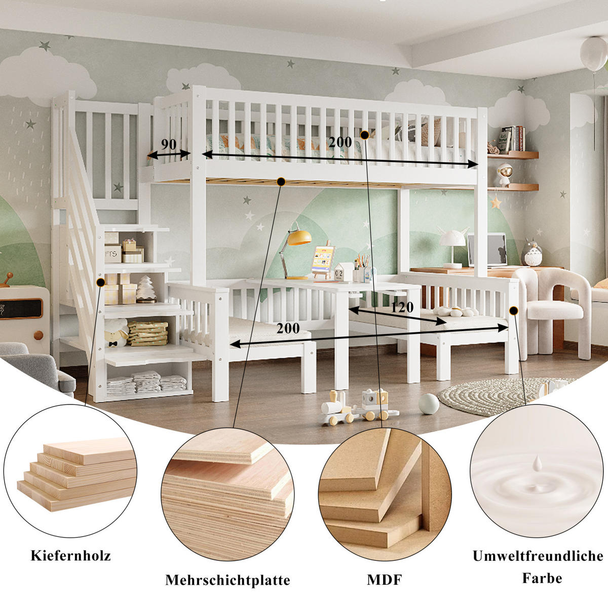 HOCHBETT 90/200 & 120/200 cm aus Kiefer und MDF mit Stauraumtreppe und Klapptisch Weiß - Weiß, Holz (90/200cm) - Modenvie