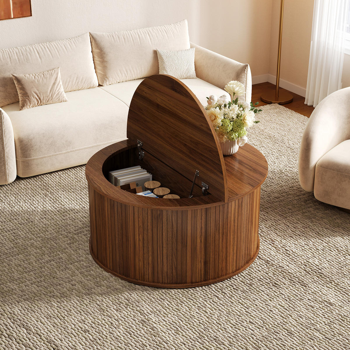 COUCHTISCH rund, MDF, höhenverstellbar mit Stauraum - Walnussfarben, Holzwerkstoff (88/88/53.5cm) - FLIEKS