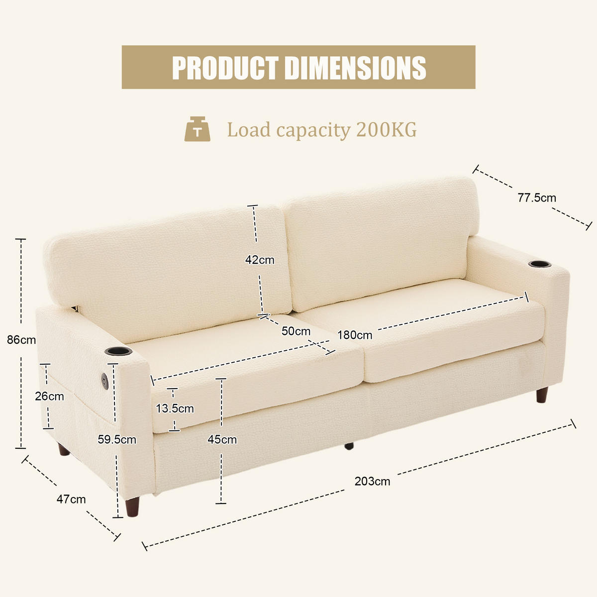 SOFA 2-Sitzer mit USB-C Anschluss & LED-Beleuchtung Chenille Beige 203/77,5/86 cm - Beige, Textil (203/86/77.5cm) - OKWISH