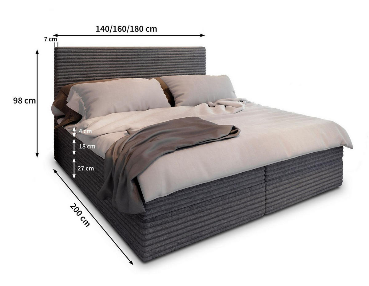 BOXBETT PISA 140x200 cm mit Matratze und Topper - Grau - Grau, Holz (140/200cm) - MASSENO