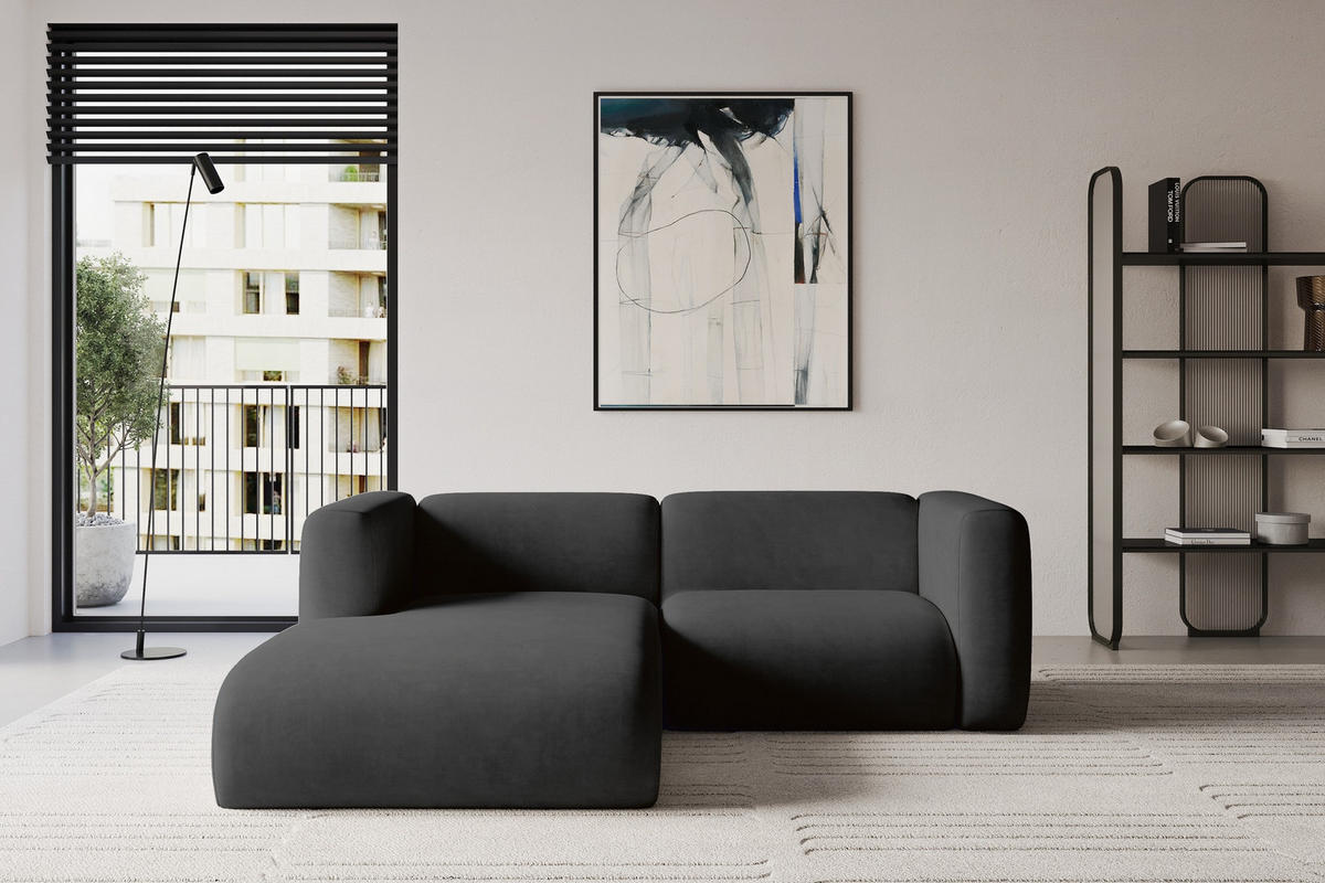 ECKSOFA Ottomane Links MIRA-L1 227x179x89 Schwarz Velours - Anthrazit/Schwarz, Holzwerkstoff/Kunststoff (227/179cm) - ALTDECOR