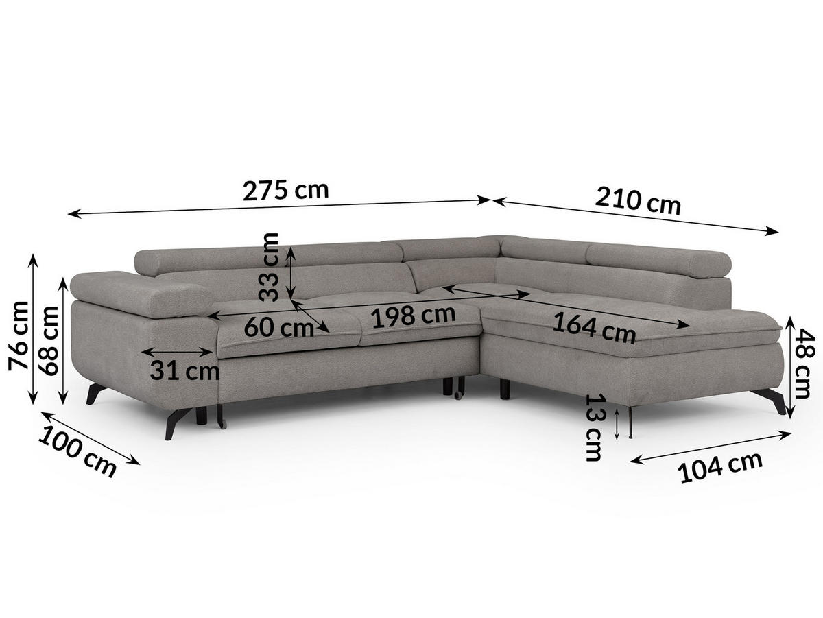 ECKSOFA mit Schlaffunktion und Bettkasten Bonnie aus Hellgrau Chenille-Stoff mit verstellbaren Kopfstützen und Armlehne - Ottomane rechts - Hellgrau/Schwarz, Holz/Textil (275/210cm) - S-Style Möbel