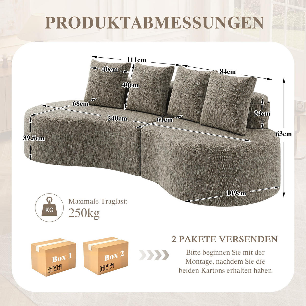 BIGSOFA Loungesofa,3er-Sofa,reich gepolstert,Leinenstoff,Khaki - Braun, Textil (240/63/109cm) - LVHOM