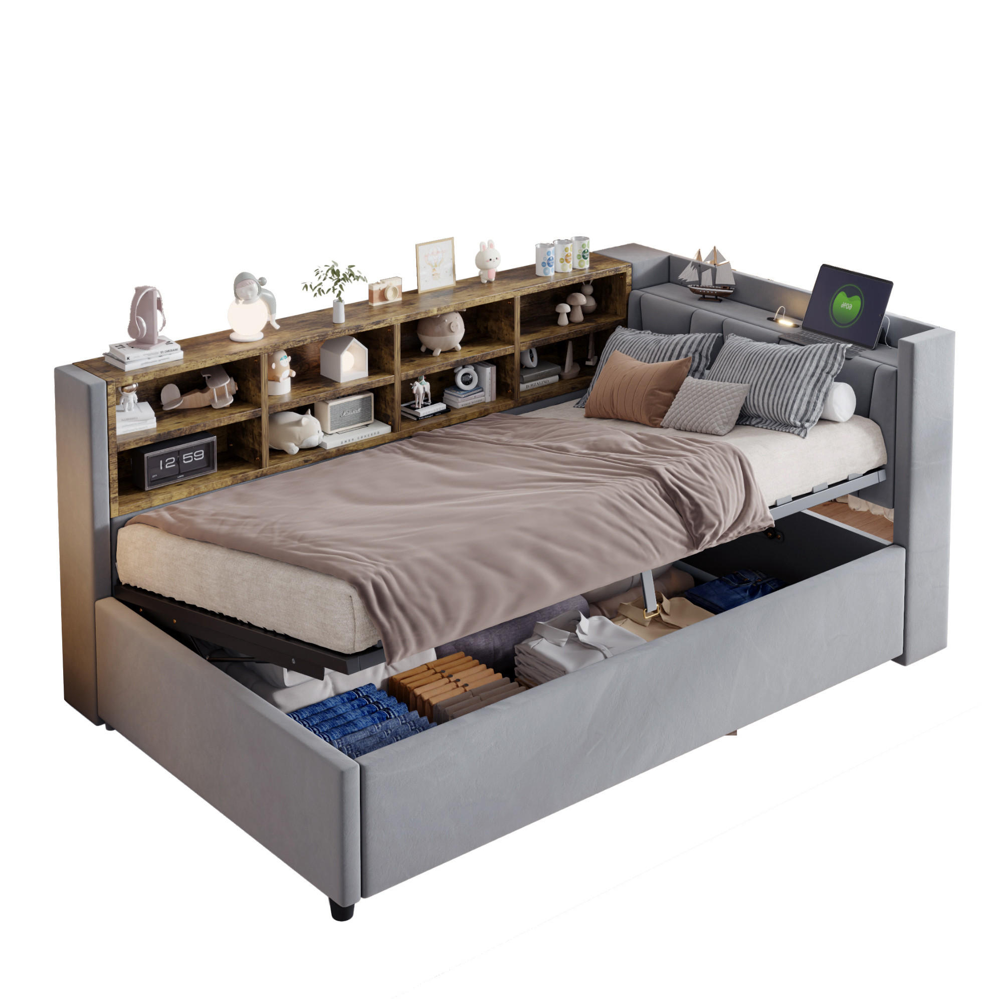 SAMT-POLSTERBETT 90/200 cm mit Bettkasten & USB-Anschluss - Hellgrau, Textil (90/200cm) - BEAOK