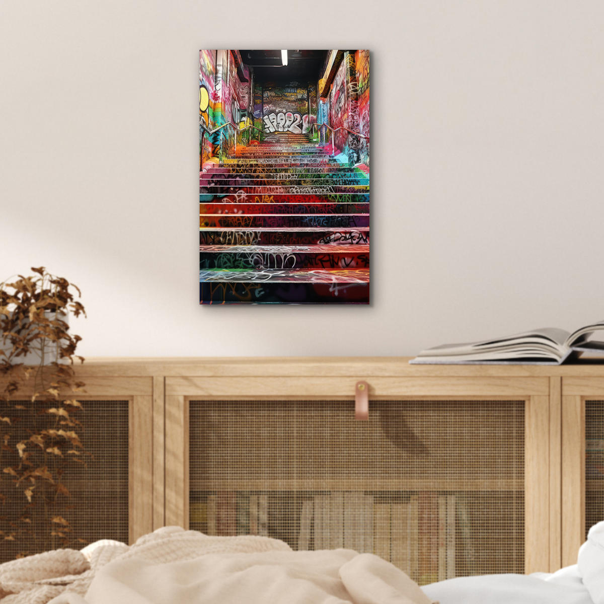 KOVOVÝ OBRAZ Schody - Graffiti - Farby - Umenie 20x30 cm - viacfarebná, kov (20/30cm) - MuchoWow