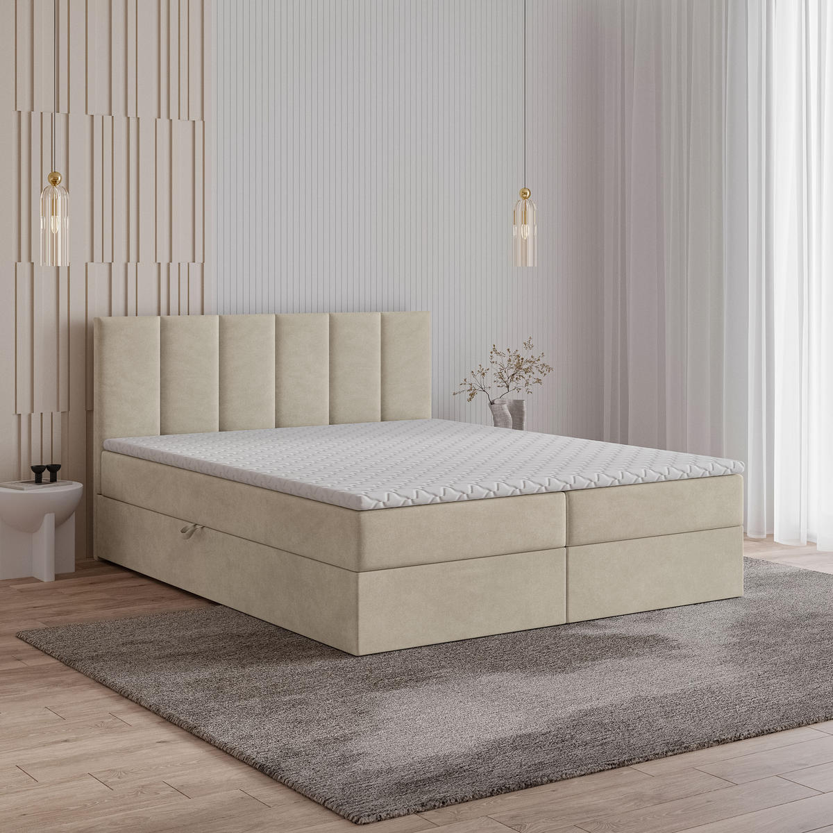 POSTEL BOXSPRING MERIL 160x200 cm, s matrací a úložným prostorem, béžová - béžová, kompozitní dřevo/textil (160/200cm) - MASSENO