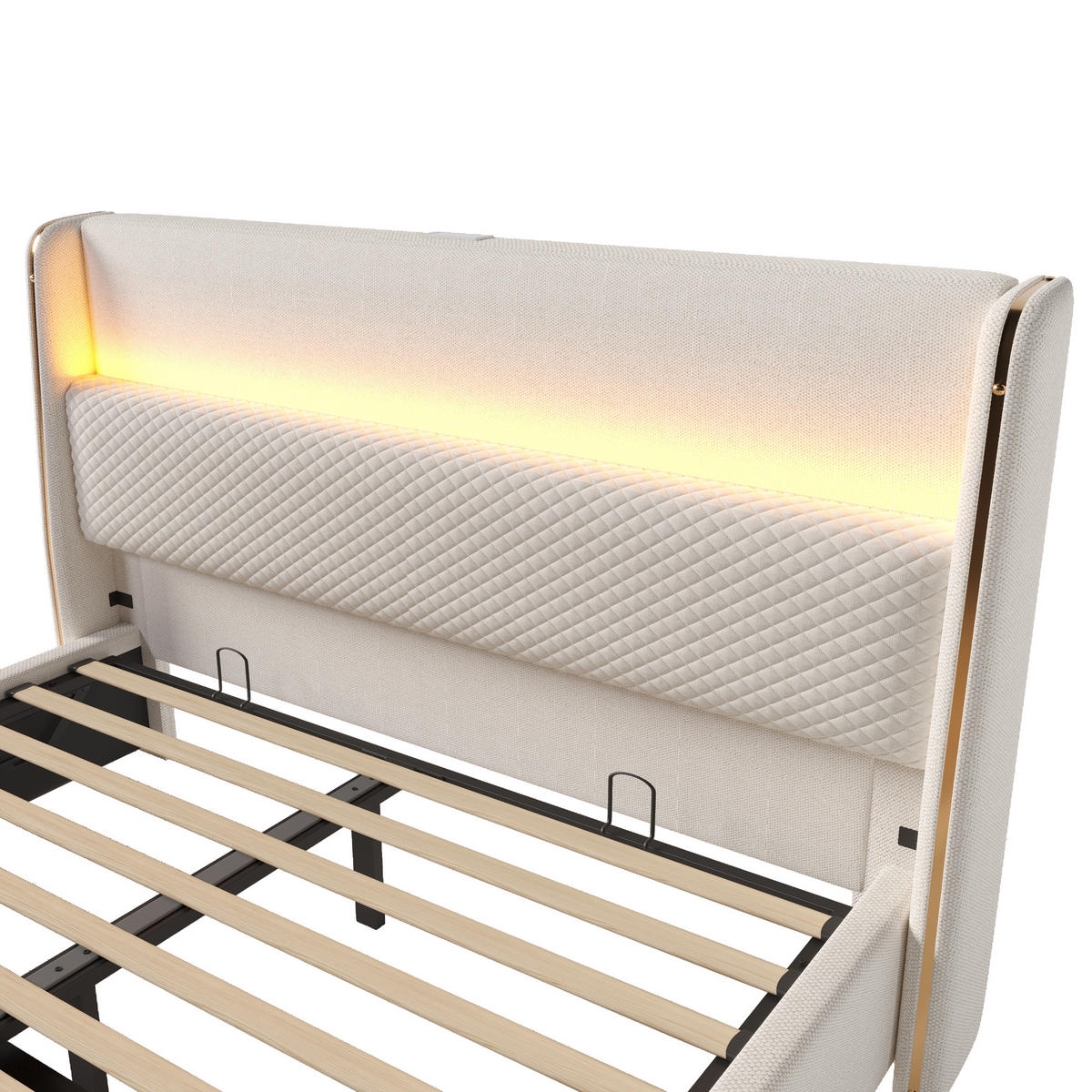 POLSTERBETT aus Leinen 160x200 cm in Beige mit LED-Beleuchtung & Ladestation Hydraulik - Beige, Textil (160/200cm) - Modfu