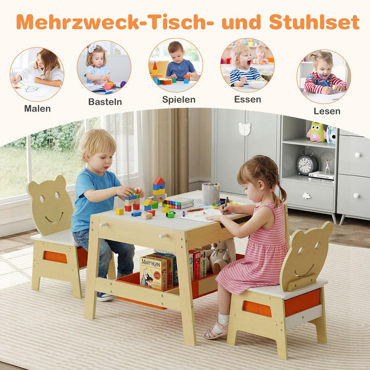 KINDERTISCH mit stuhl natur(3-tlg) - Naturfarben, Holzwerkstoff (70/45/60.5cm) - COSTWAY