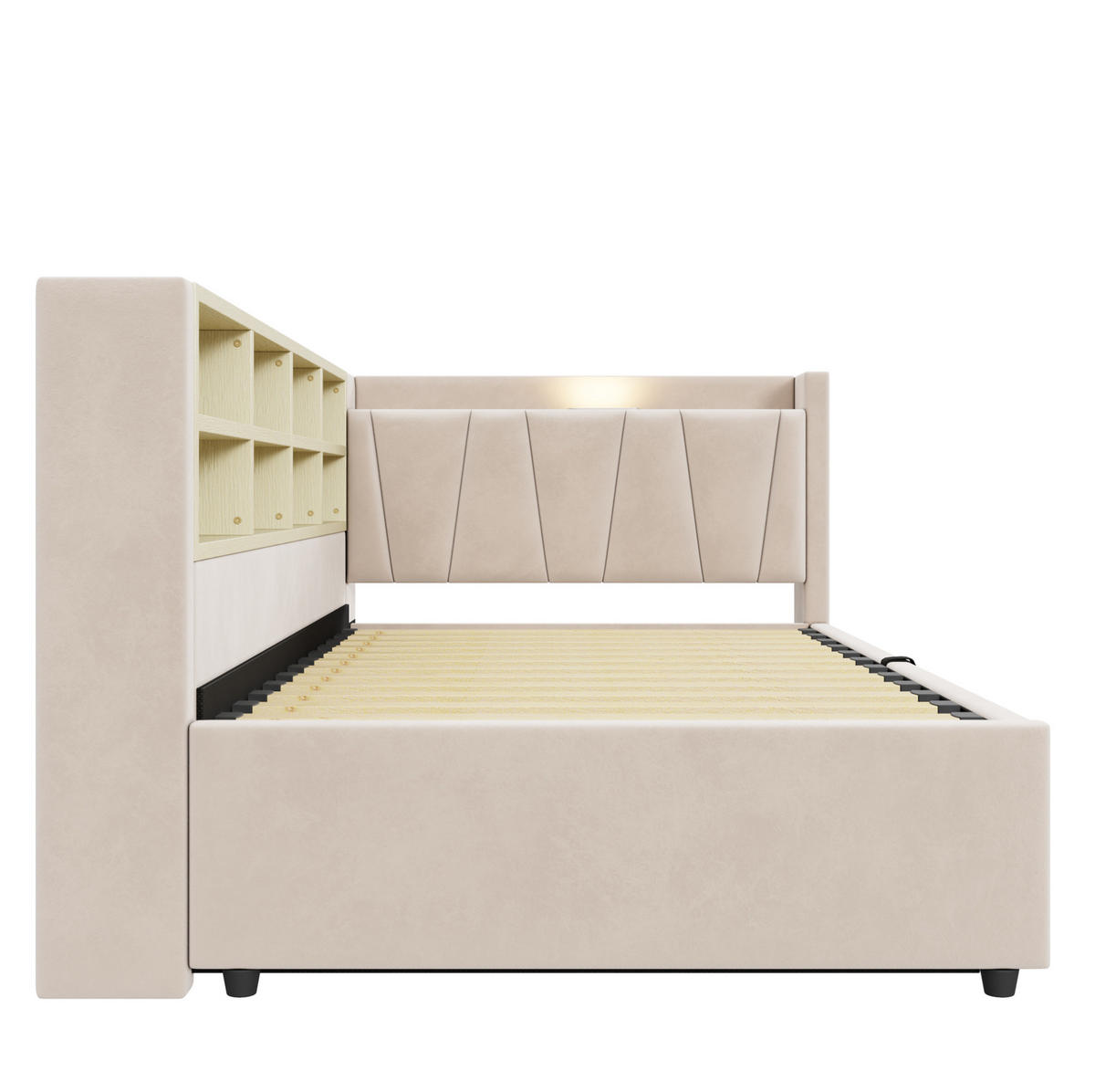 POLSTERBETT 90/200 cm Beige aus Samt mit Stauraum und Ladeanschlüssen - Beige, Textil (90/200cm) - OKMYHOME