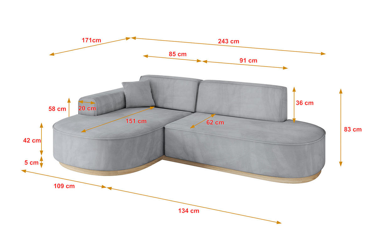 ECKSOFA Ottomane Links MARI-L1-v1 - 243x171x83 cm Grau Velours - Grau, Holzwerkstoff/Textil (243/171cm) - ALTDECOR