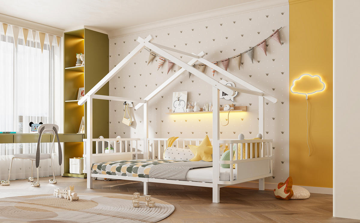 KINDERBETT 90/200 cm in Weiß mit Sicherheitsgitter und Dachdesign aus Metall - Weiß, Metall (90/200cm) - CHICFURN