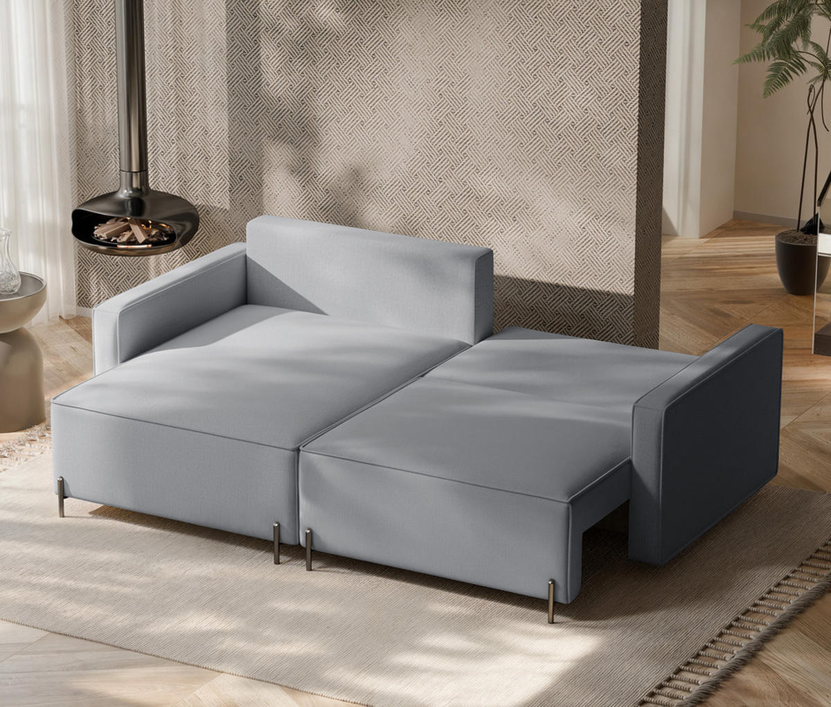 ECKSOFA LEO Links, mit Schlaffunktion und Bettkasten, Grau - Grau, Textil/Metall (229/148cm) - Idohome