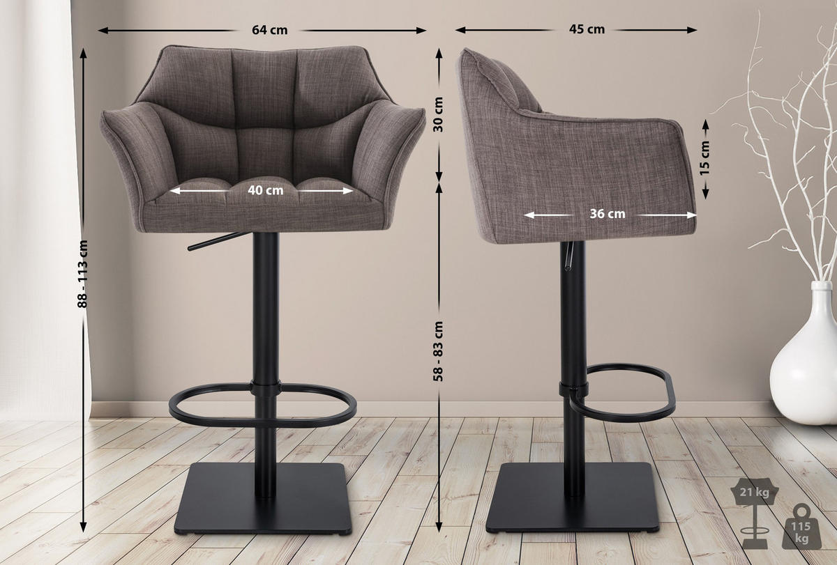 BARHOCKER 2er Set Damaskus Stoff schwarz grau - Schwarz/Grau, Textil/Metall (64/110/48cm) - TPFLiving