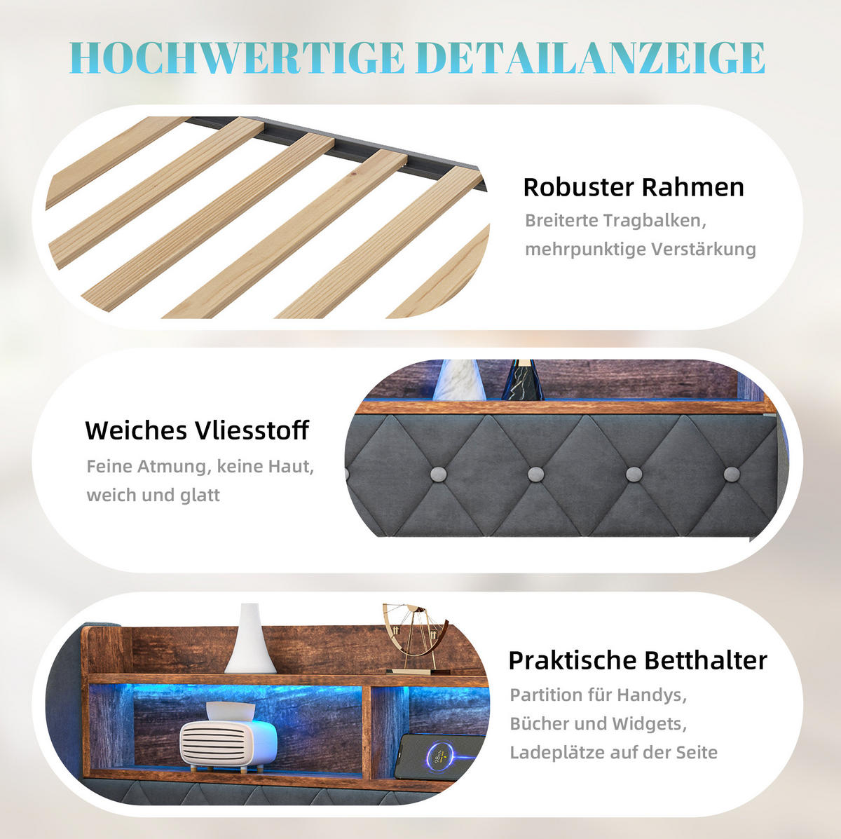 BETT 90/190 cm in Dunkelgrau mit Bett, LED-Beleuchtung und USB-Anschlüssen - Dunkelgrau, Textil (90/190cm) - Flora Grace
