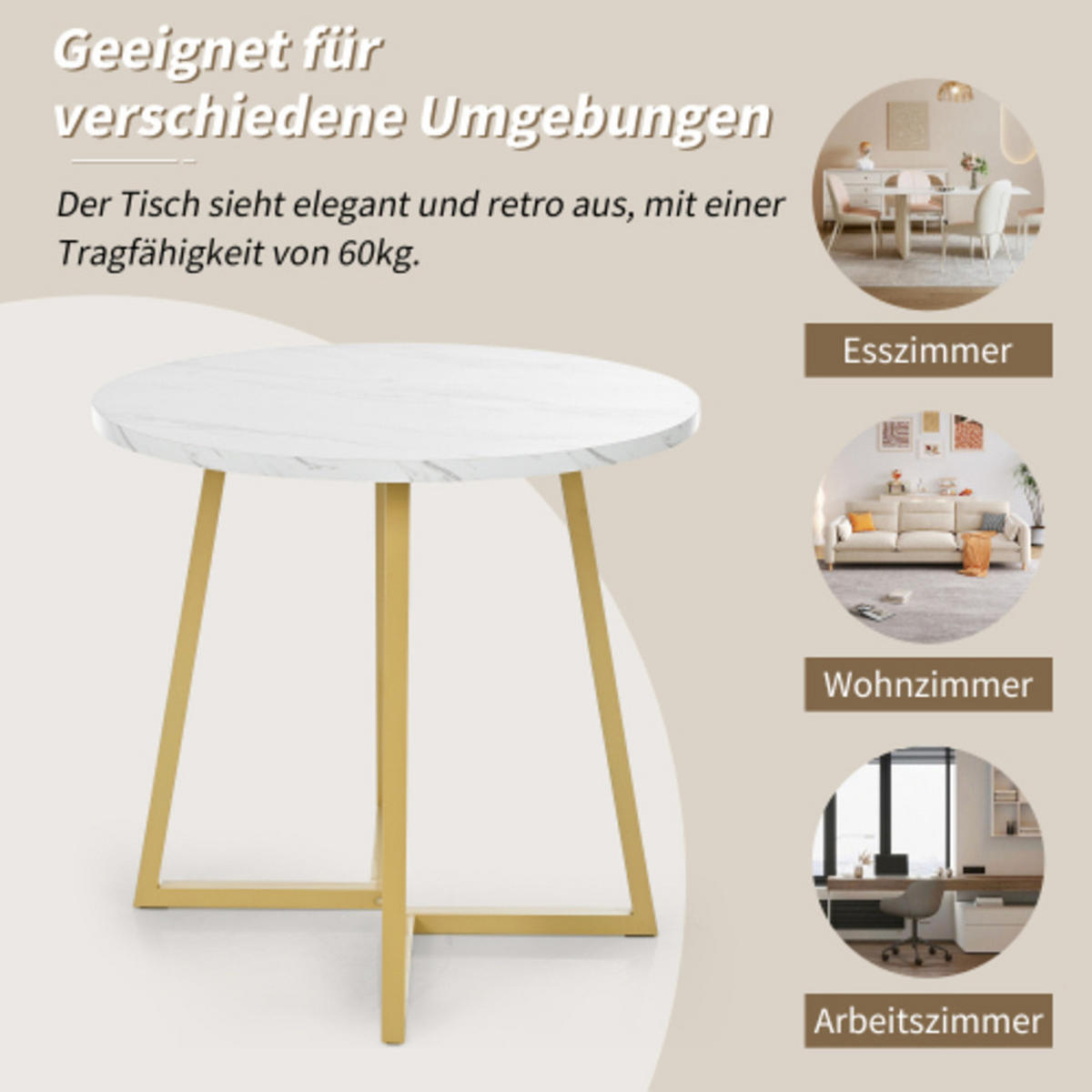 ESSGRUPPE 5-teilig rund Ø80 cm mit modernem Marmortisch & 4 Samtstühlen, elegantes Küchen- und Esszimmer Set, grau-weiß - Grau, Holzwerkstoff (80/75/80cm) - Luhomfu