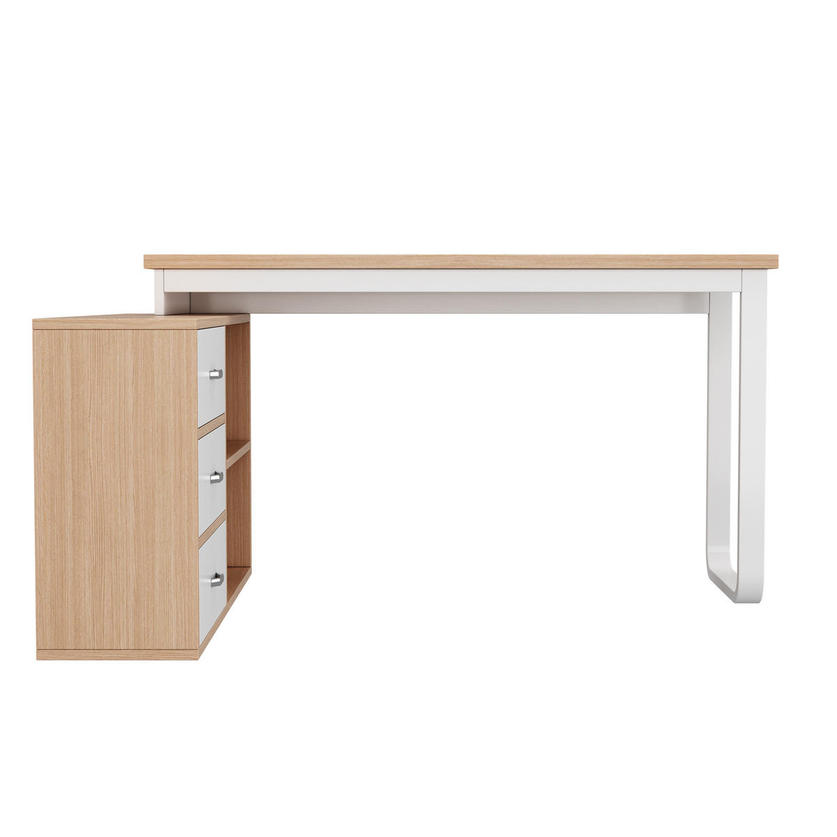 BÜROSCHREIBTISCH in natur & weiß mit stahlgestell, 3 schubladen & 2 offenen fächern - Naturfarben, Holzwerkstoff (100/147/75.3cm) - Urban Meuble