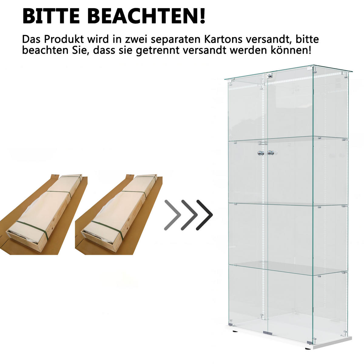 GLASVITRINE, Doppeltüren mit Schloss, 4 Einlegeböden, LED-Lichtleiste, Weiß - Weiß, Glas (78.5/163/35cm) - BRILVERDE