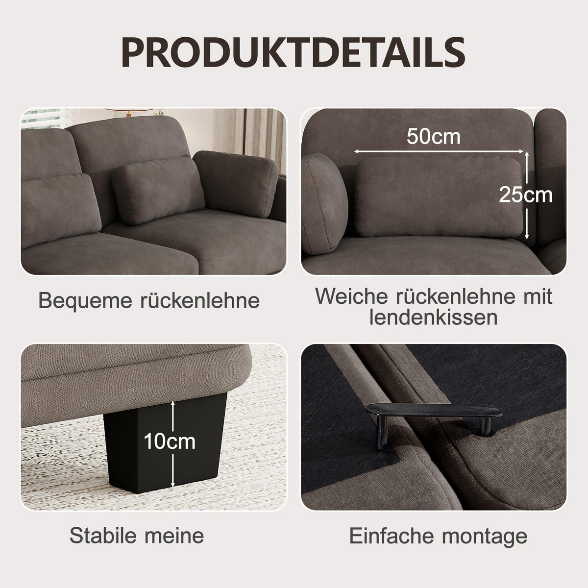 3-SITZER-SOFA Chenille mit Lenden- und Armkissen, DE-42686, Braun - Braun, Holz (253/88/88cm) - ComfortXL