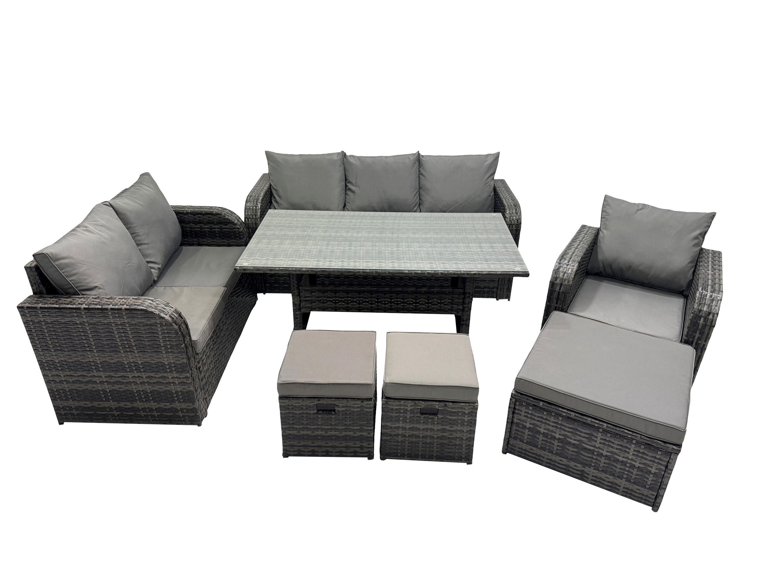 GARTENTISCHGRUPPE mit Liegestuhl,Hocker Polyrattan 9-Sitzer - Dunkelgrau/Grau, Glas/Kunststoff - Fimous