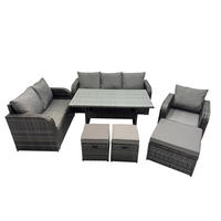 GARTENTISCHGRUPPE mit Liegestuhl,Hocker Polyrattan 9-Sitzer - Dunkelgrau/Grau, Glas/Kunststoff - Fimous