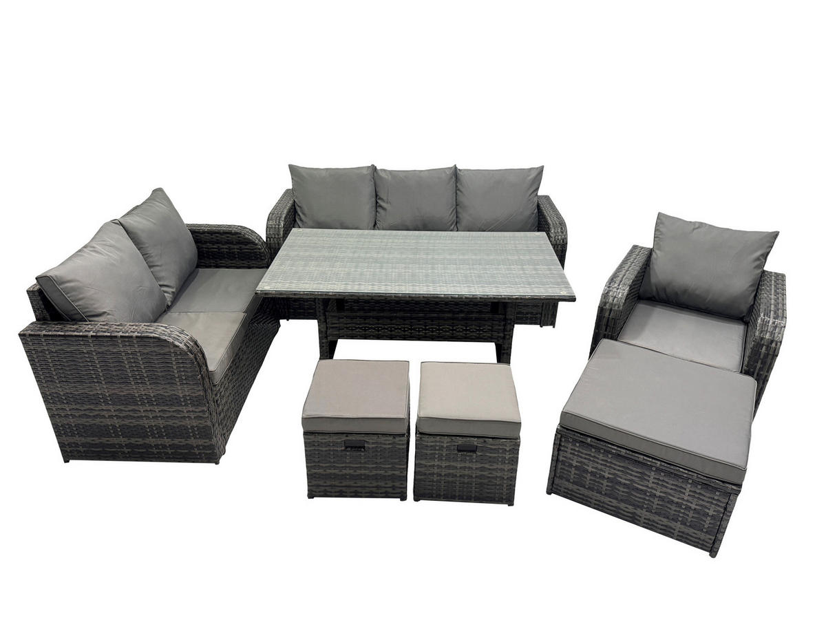 GARTENTISCHGRUPPE mit Liegestuhl,Hocker Polyrattan 9-Sitzer - Dunkelgrau/Grau, Glas/Kunststoff - Fimous