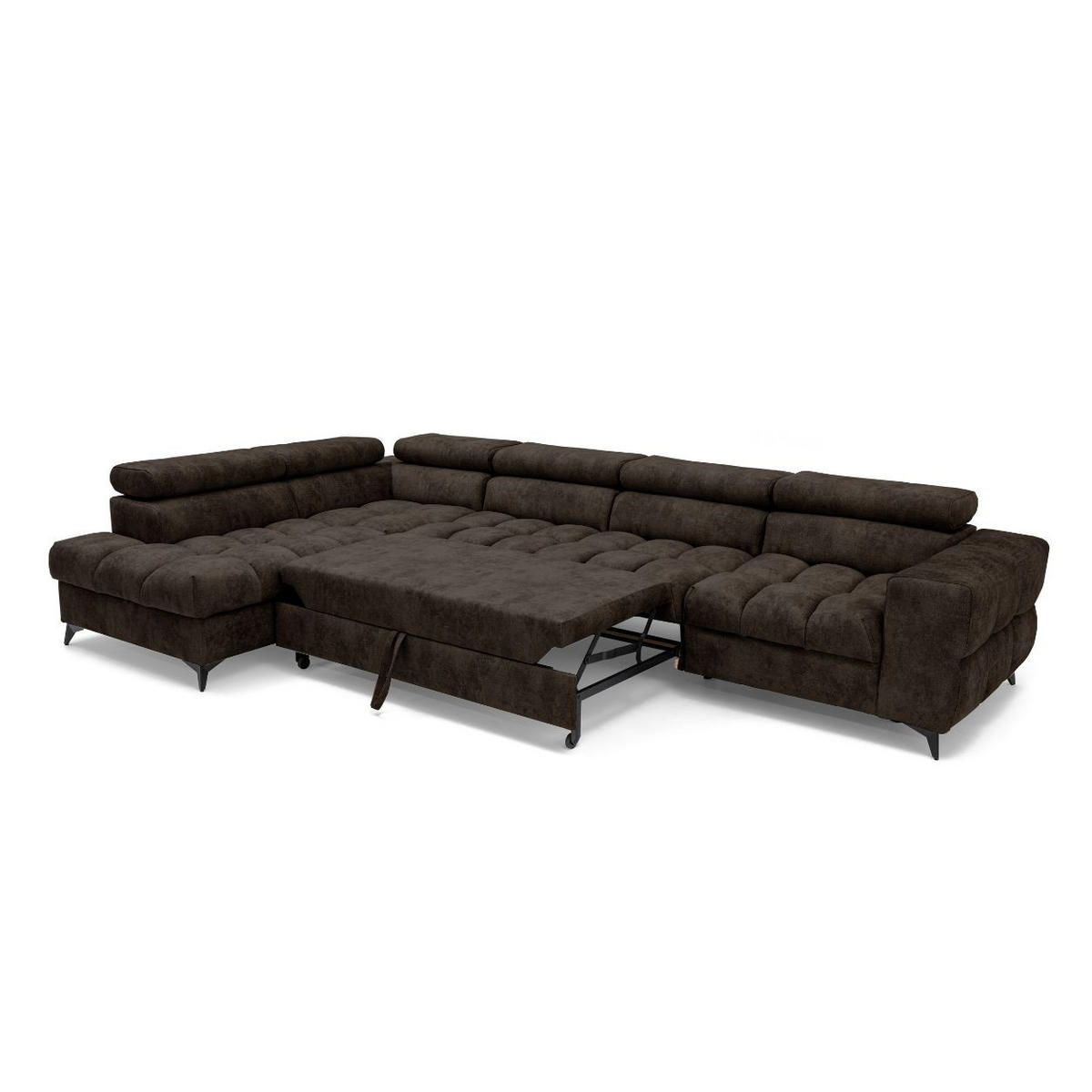 ECKSOFA PUDDING MAXI L Links mit Schlaffunktion 125x195 Velours Dunkelbraun - Dunkelbraun/Schwarz, Holz/Textil (350/203cm) - Muffo