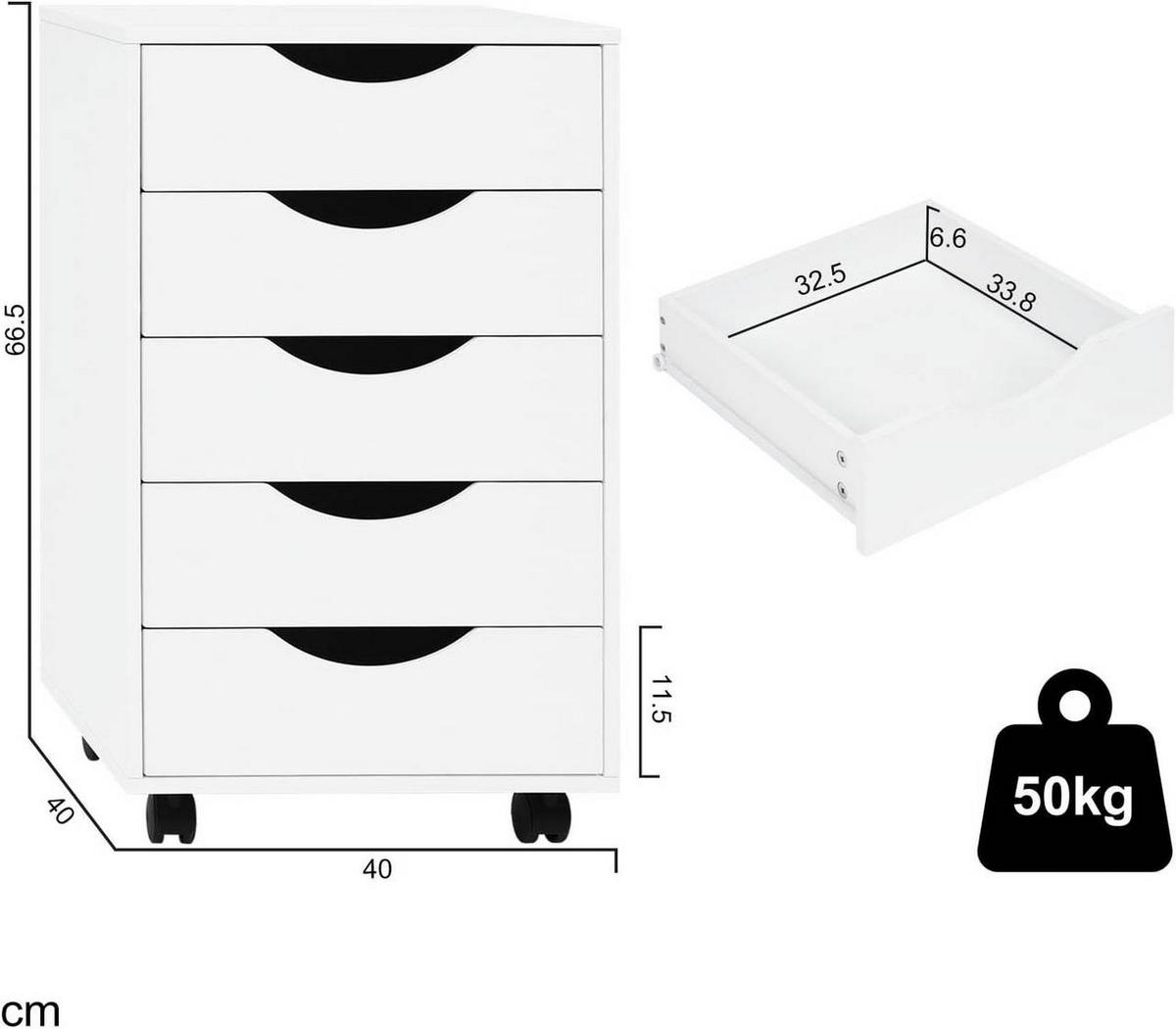 ROLLCONTAINER mit 5 Schubladen, Weiß - Schwarz/Weiß, Holzwerkstoff (40/66.5/40cm) - Woltu
