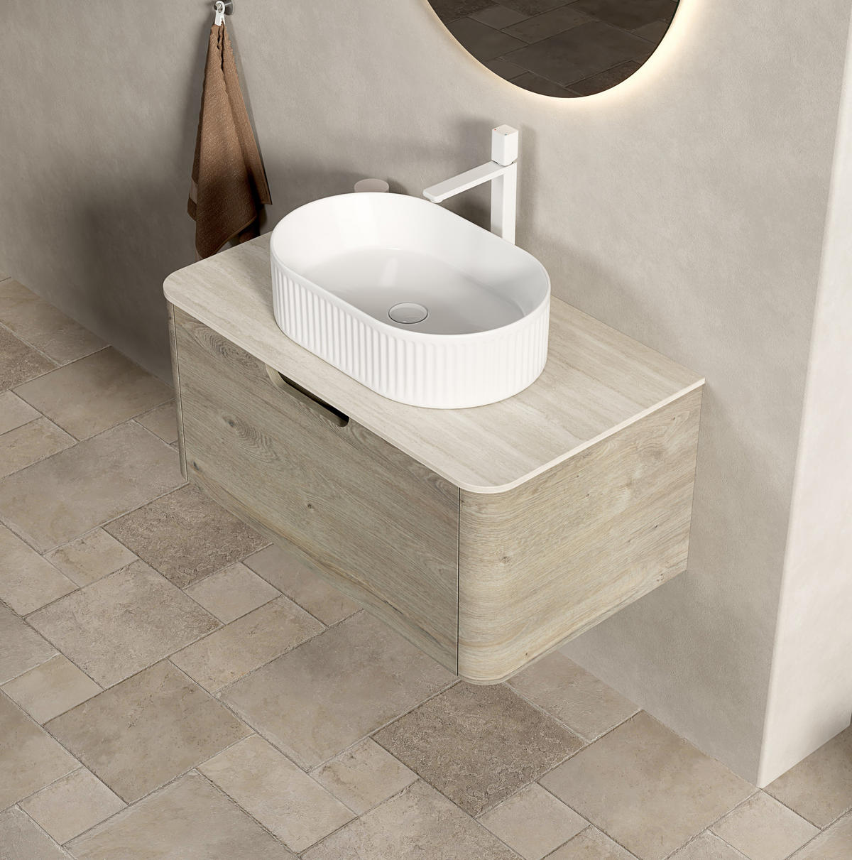 WASCHTISCHKOMBI 80 cm in Beige mit ovalem Becken und Soft-Close-Schublade - Creme, Keramik (80/50.2/46cm) - Flora Grace