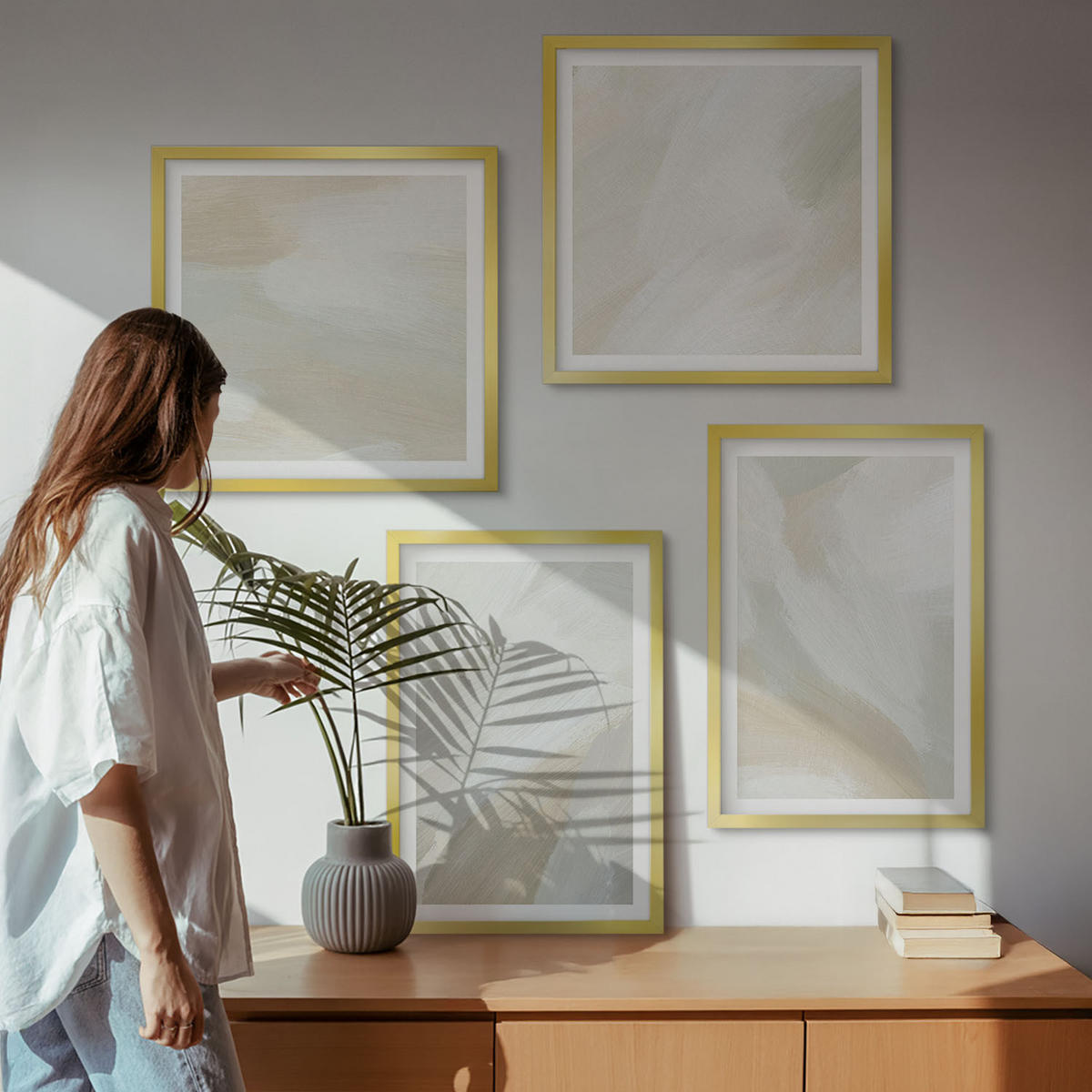 BILDER SET 4er Set - 50x50 cm & 40x60 cm Goldrahmen - Abstrakte Pinselmalerei auf Leinwand - Goldfarben, Kunststoff (50/50cm) - TULUP