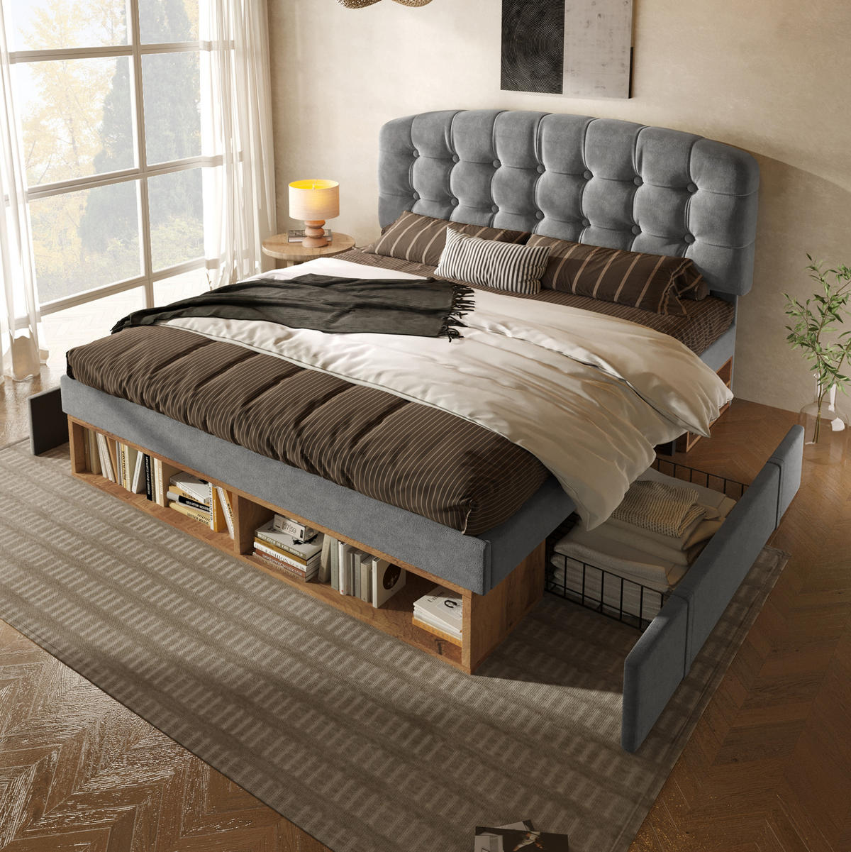 BETT mit Schubladen und Stauraum 90x200 cm Samt Grau - Grau, Metall (90/200cm) - Meubliv