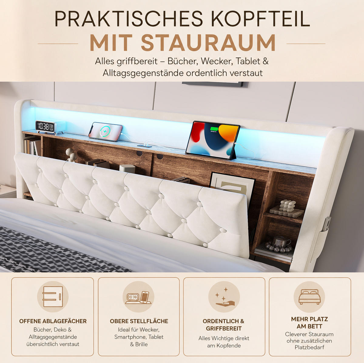 SAMETOVÁ čalouněná postel 180/200 cm s LED, USB-C a hydraulickým úložným prostorem, Béžová - béžová, textil (180/200cm) - Redom