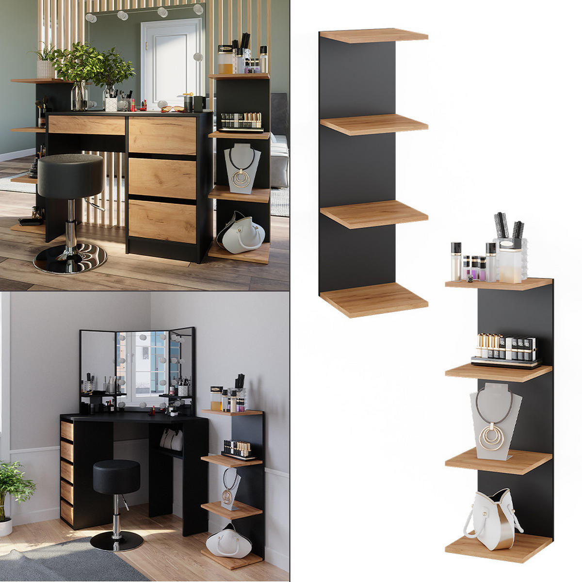 WANDREGAL Paolo Anthrazit 30 x 95 cm 2er Set - Anthrazit/Eiche Wotan, Holzwerkstoff (30/95/28cm) - Vicco