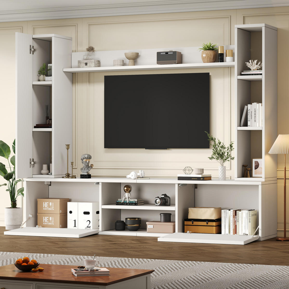 TV-WOHNWAND aus Spanplatte 180x35x33,5 cm Weiß mit Stauraum, flexibler Montage und 4-teiligem Set - Weiß, Holzwerkstoff (180/33.5/35cm) - Modfu