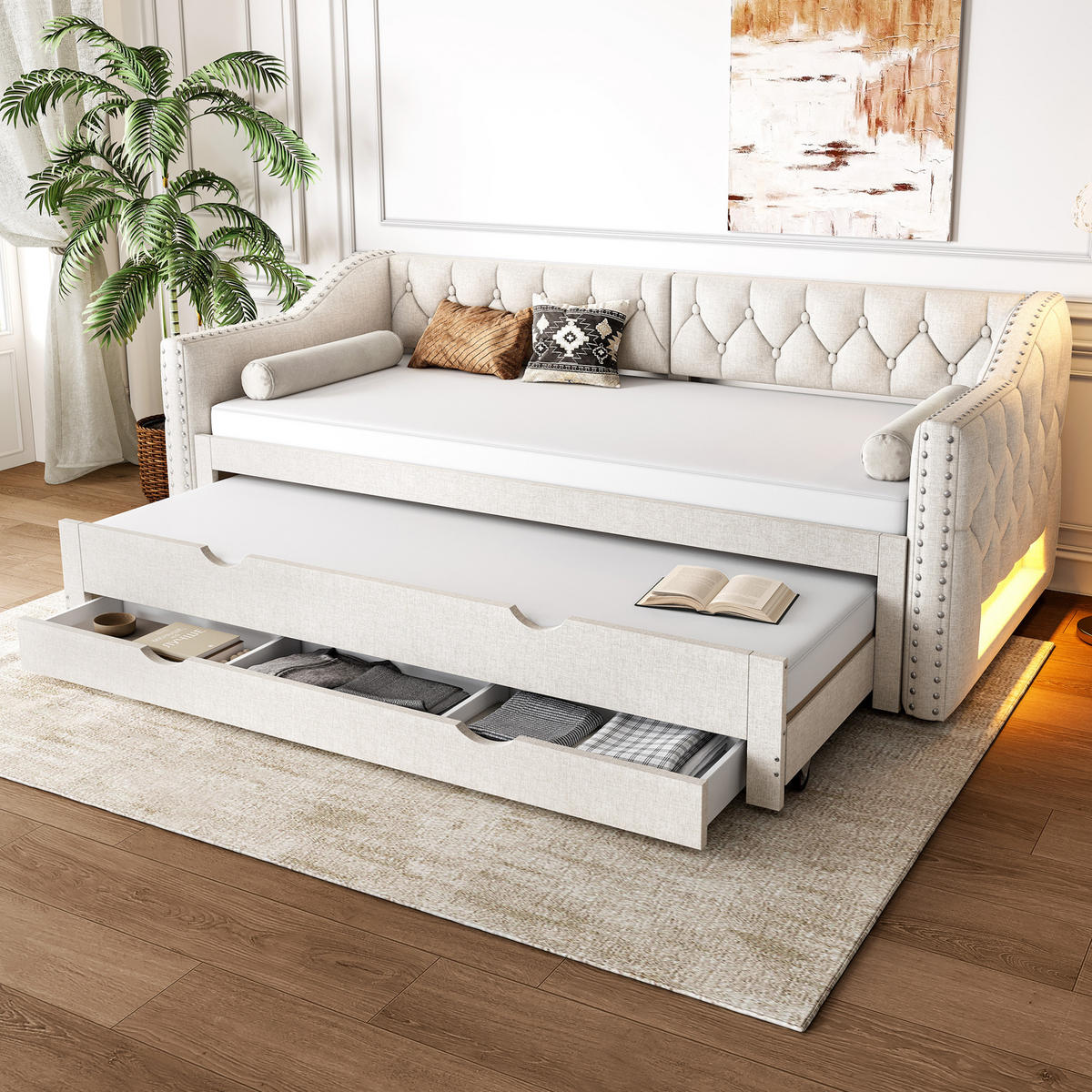 BETT 90/200 cm in Beige Leinen mit Ausziehbett, LED und 3 Schubladen - Weiß, Holzwerkstoff/Textil (90/200cm) - WISHDOR
