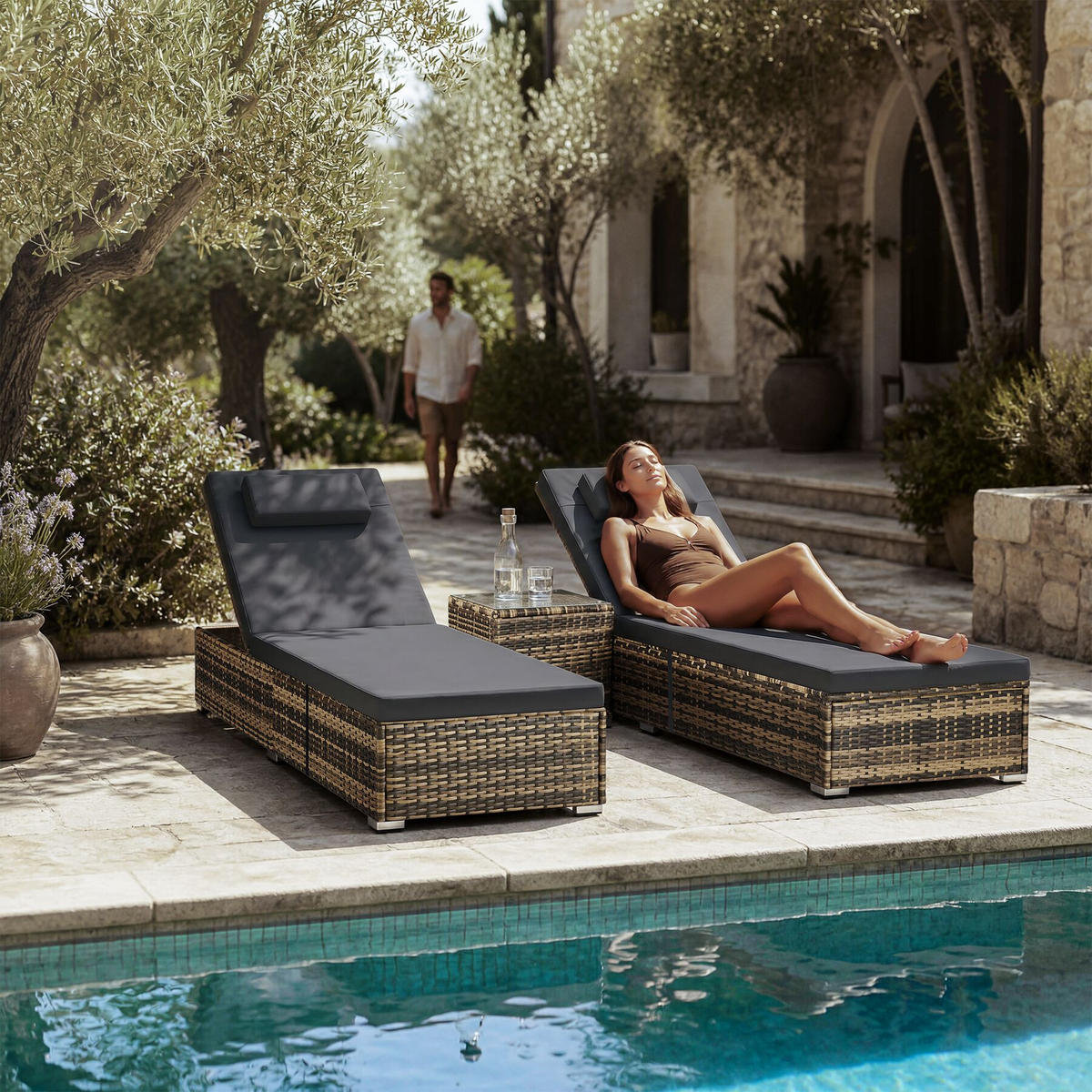 RATTAN-DOPPELLIEGE Carbonera, Belastbarkeit je 200 kg, natur - Naturfarben, Kunststoff (62/36/196cm) - tectake