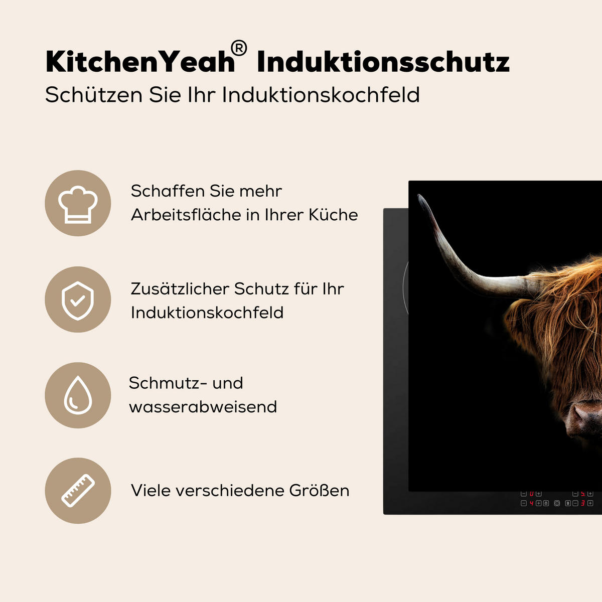 HERDABDECKPLATTE Schottischer Highlander - Hörner - Schwarz - Tiere - Natur - Wild - Kuh 70x52 cm - Cognac, Kunststoff (70/0.2/52cm) - MuchoWow