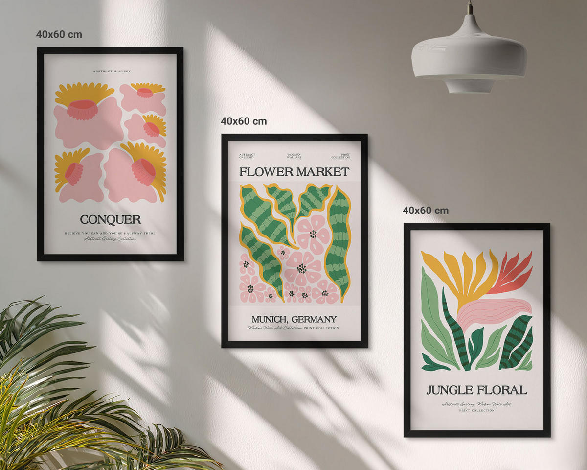 WANDBILDER 3er-Set - 40x60 cm Schwarzer Rahmen - Blumen und Blätter – moderne Poster - Schwarz, Kunststoff (40/60cm) - ArtPrintCave