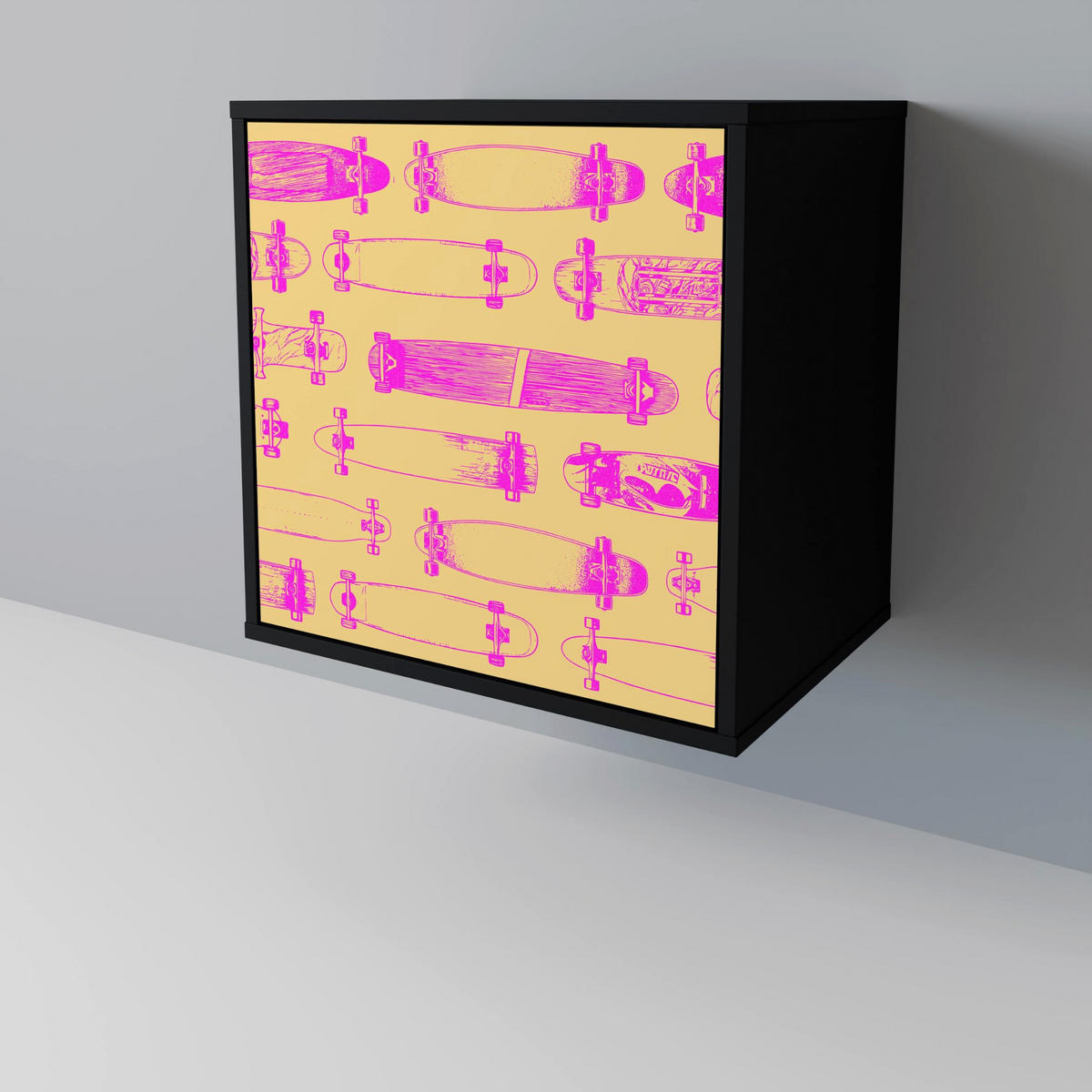 SIDEBOARD SKATEBOARD ARTISTRY, Schwarz, 57,5x42x75,5 cm, Goldfarbene Metallfüße - Goldfarben/Multicolor, Holzwerkstoff/Metall (57.5/75.5/42cm) - SpaceRebels