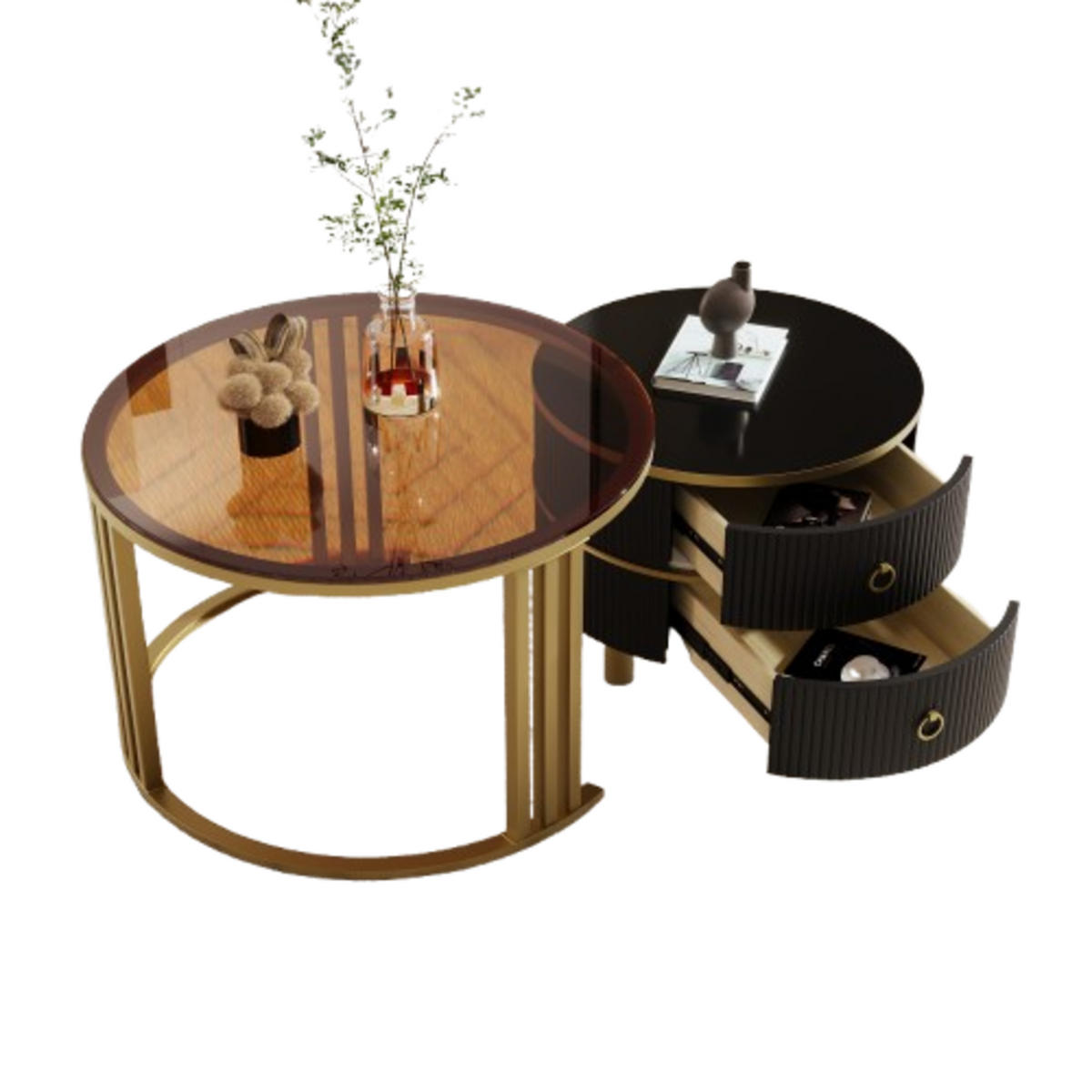 COUCHTISCH Set 70/70 cm und 50/50 cm schwarz mit Hochglanz- und Glasplatte - Schwarz, Holzwerkstoff (70/70/45cm) - OKWISH