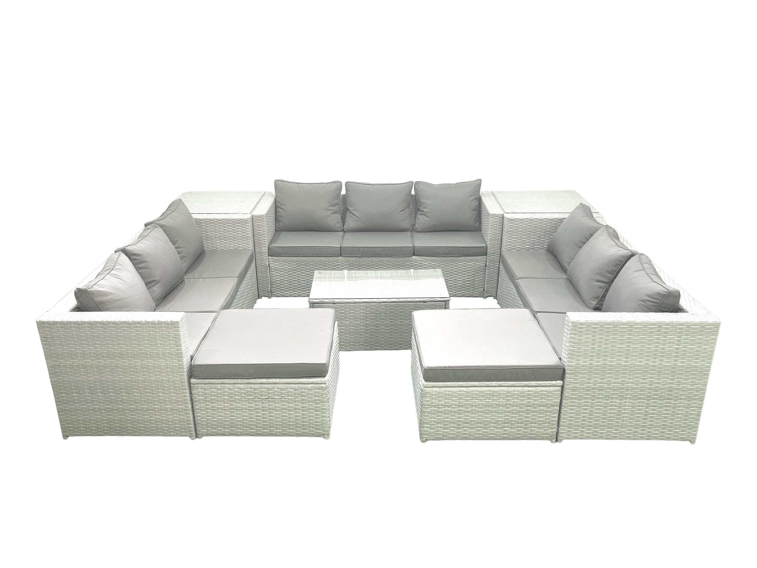 GARTENSET mit 3-SITZER SOFA,COUCHTISCH Polyrattan Hellgrau-Mix 11-Sitzer - Hellgrau/Grau, Glas/Kunststoff - Fimous