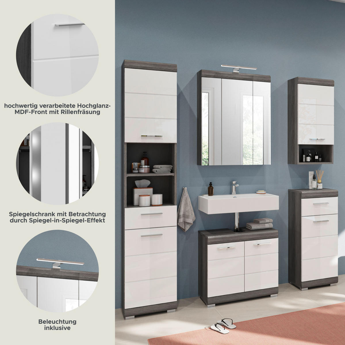 BADKOMBINATION 4tlg. Scout Bad in Rauchsilber Nachbildung und weiß hochglanz B/H/T: 164x191x34 cm - Anthrazit, Holz (164/191/34cm)