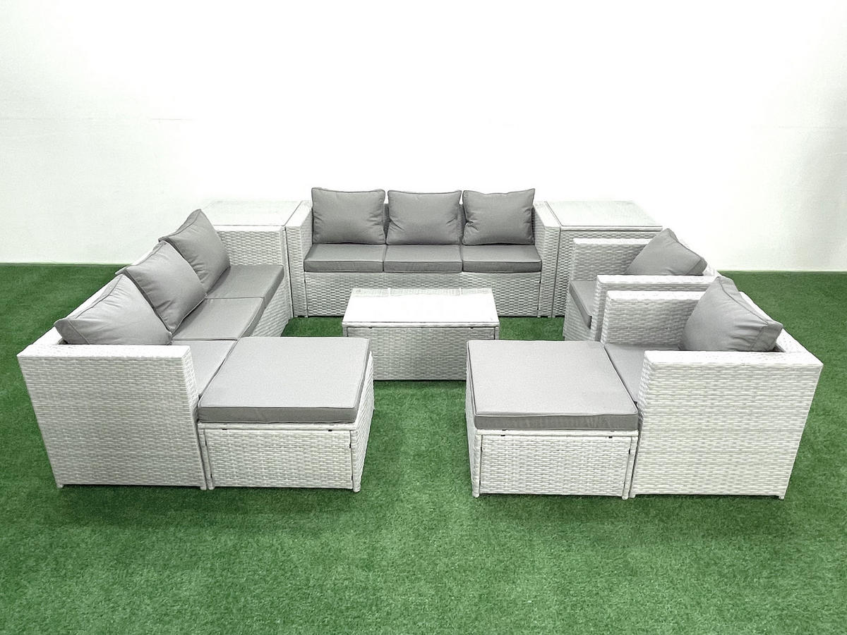 GARTENGARNITUR mit 3-SITZER SOFA,COUCHTISCH Polyrattan Hellgrau-Mix 10-Sitzer - Hellgrau/Grau, Glas/Kunststoff - Fimous